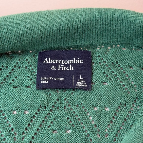 Abercrombie & Fitch Crochet Sweater Polo Large Tall Retro Preppy Knit Green - Picture 2 of 6